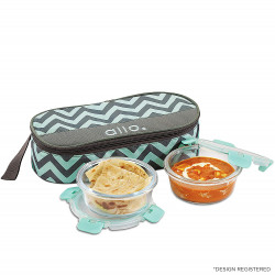 Allo 390ml x 2 Glass Lunch Box Set of 2 Round Flat Bag