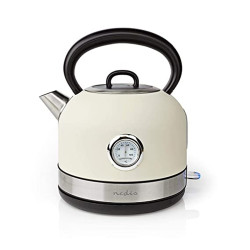 NEDIS ELECTRIC KETTLEStainless Steel Colour  Electric Kettle, 1.7 L, Soft-Touch, Built In Temperature Gauge, Anti-Scale Filter, Cordless 360° Pirouette Base, Boil-dry Protection, White