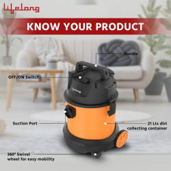 Lifelong 800-Watt Vacuum  Cleaner for Home Use, 6 Litre,  Wet & Dry, 2.75 Meter Cord, 1.8  Meter Hose| LLVC930| Plastic  Body (Orange)