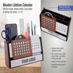 Wooden Lifetime calendar with Pen holder, Mobile holder, Card holder and Writing Pad holder | Branding included A131